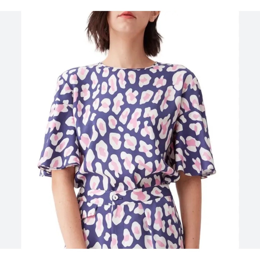 Diane von Furstenberg DVF Arlene Pink Navy Silk Blend Flutter Sleeve Top Size 2